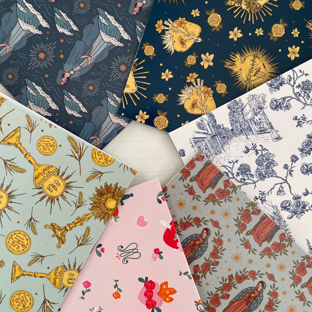 Catholic note cards with six divine patterns from Mary's Sacred Garden Collection, perfect for personal handwritten notes.