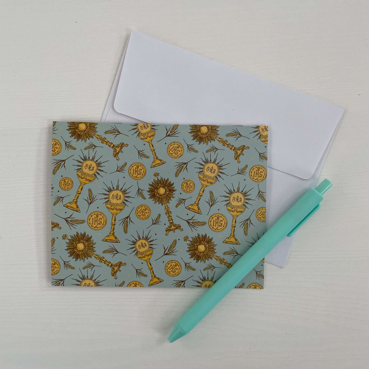 Eucharistic pattern Catholic note card with envelope and pen, part of a 10-pack collection, elegantly designed for heartfelt messages.