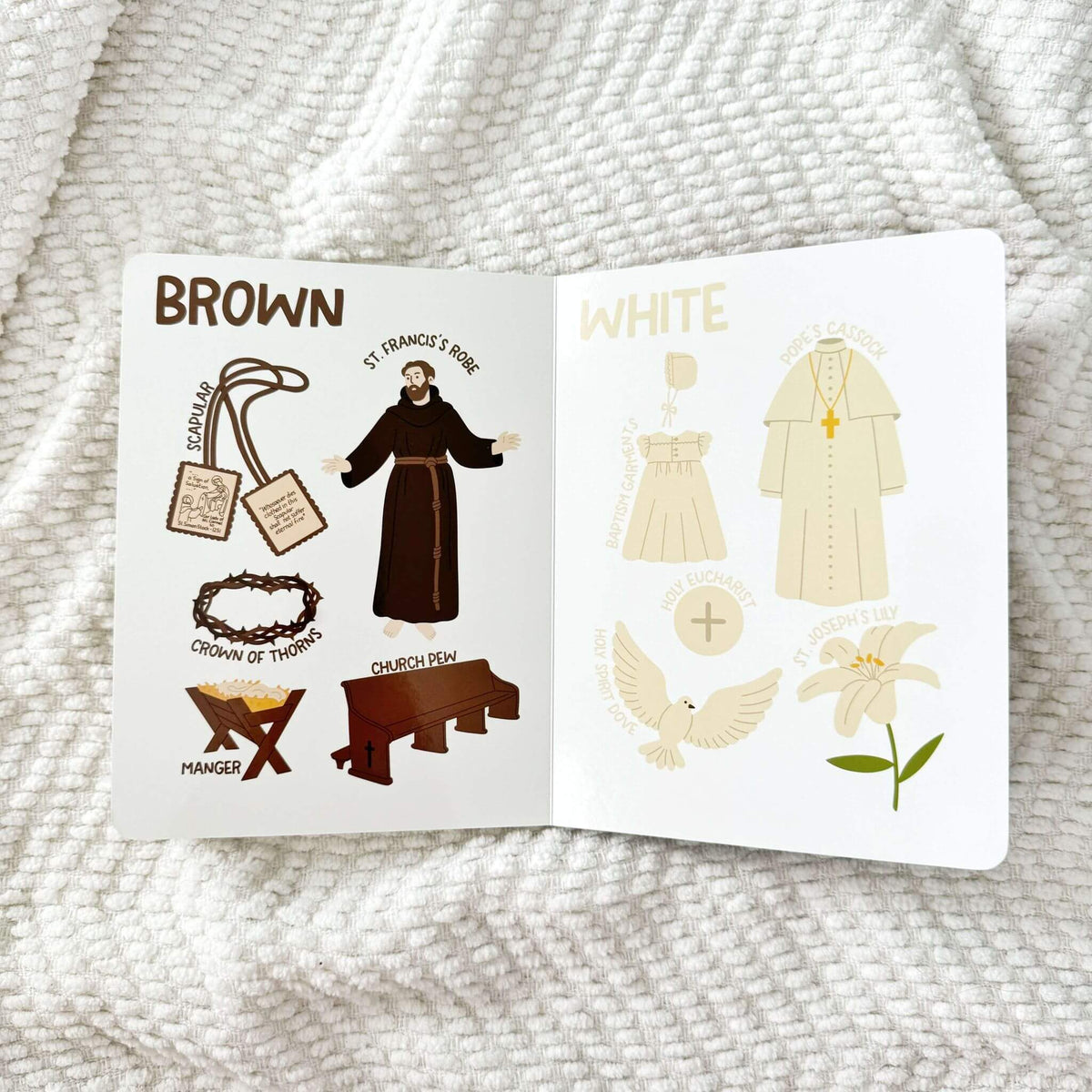 Detailed illustrations from Our Colorful Catholic Faith children's book showing religious symbols in brown and white color themes.