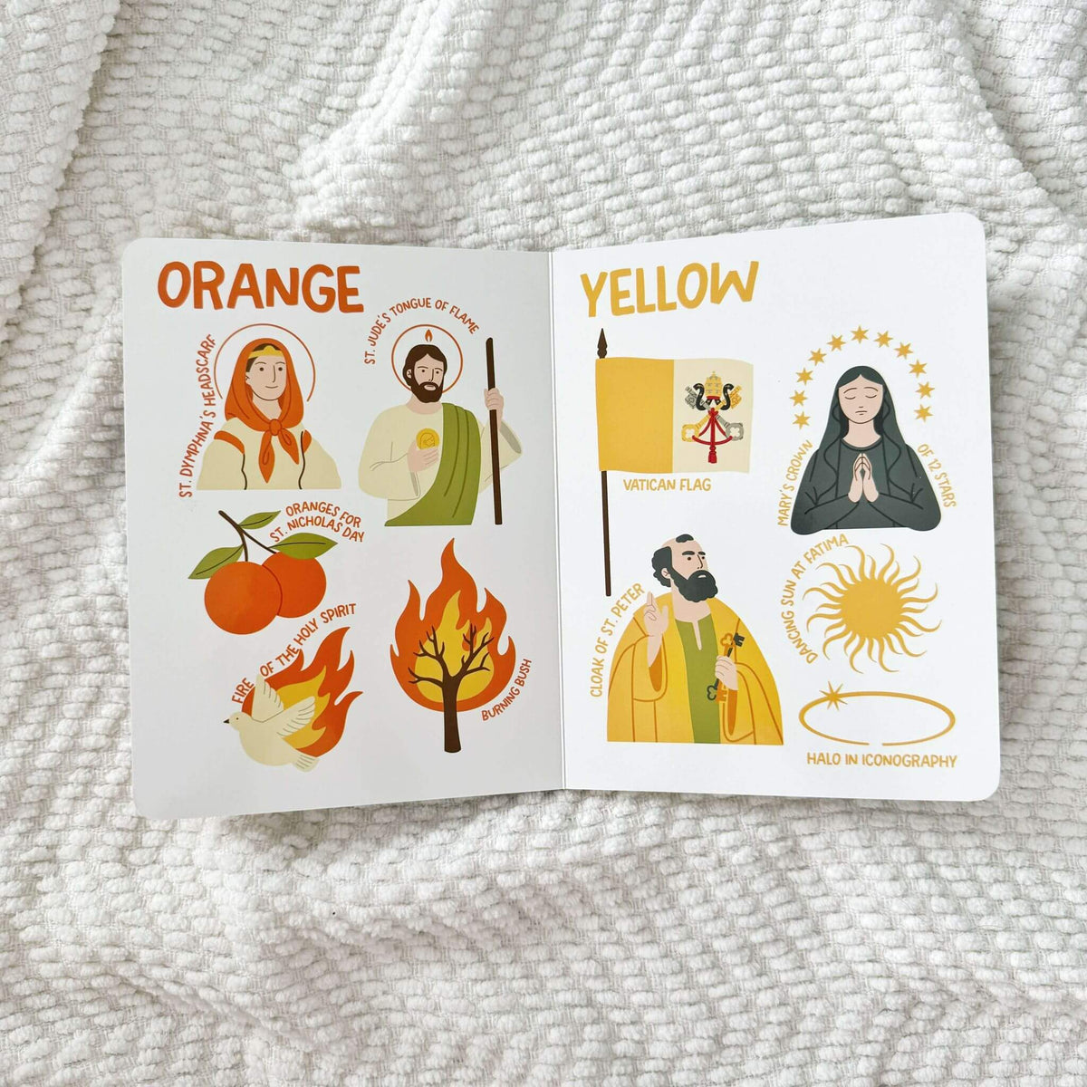 Children's book page showing orange and yellow, depicting St. Stephen, Vatican flag, and religious symbols in Catholic faith.