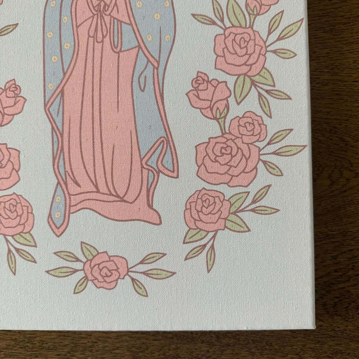 Our Lady of Guadalupe paint by number canvas with pink roses and intricate details.