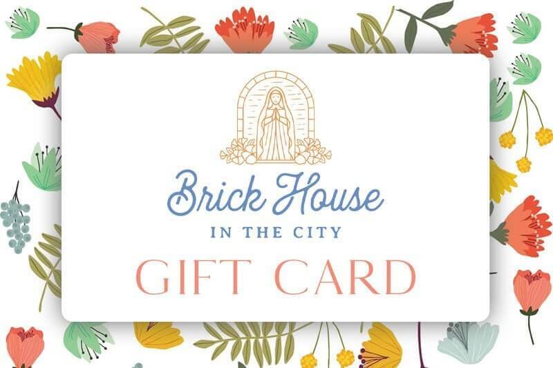 Brick House in the City Gift Card with floral design background and elegant logo.