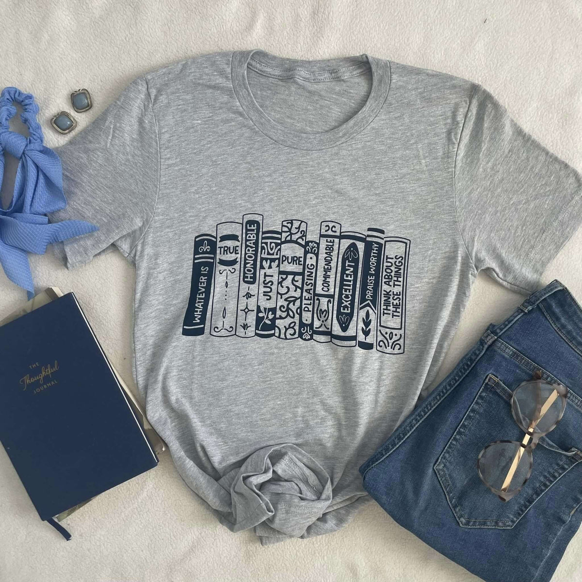 Whatever is True Philippians 4:8 Tee in dark heather grey, featuring inspirational text, styled with jeans and accessories on a light backdrop.