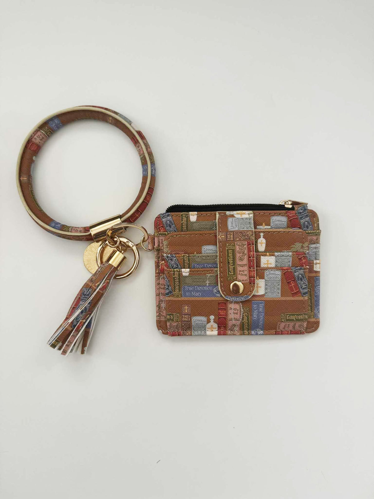 Catholic I.D. Wallet - Catholic Library pattern, faux leather wallet with keychain ring, durable and stylish design, priced at $25.