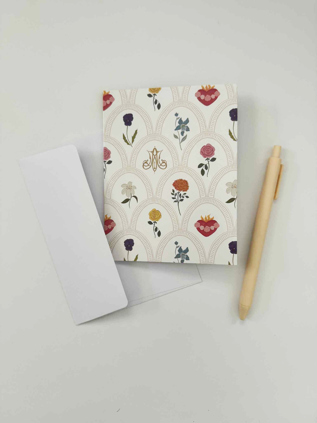 Mary's Sacred Garden Collection note card with envelope and pen, featuring floral patterns 5.5 x 4.25 inches, 350g C2S paper.