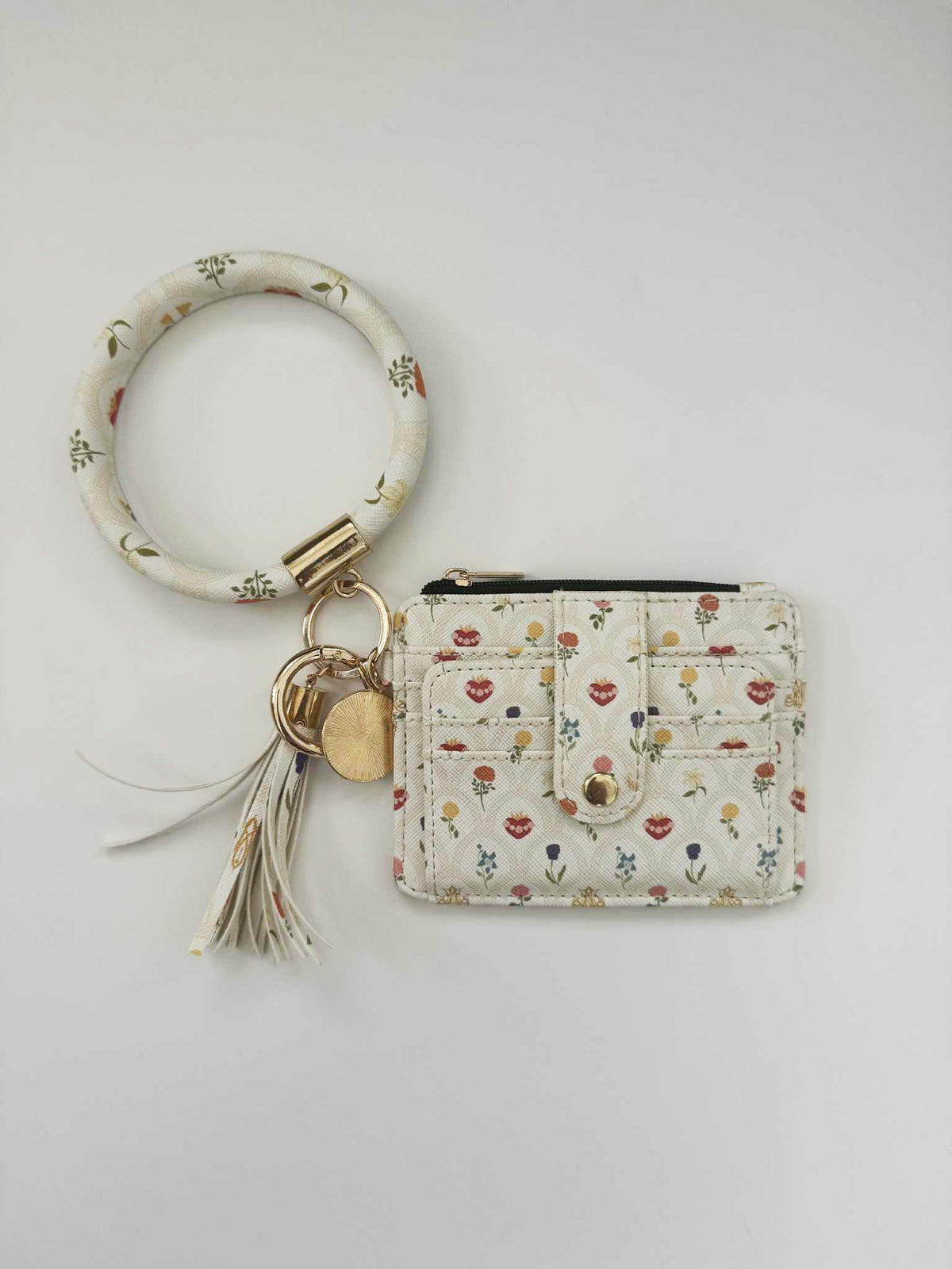 Catholic ID Wallet from Mary's Garden Collection with floral pattern, faux leather, keyring, and tassel, 4.75x4 inches.