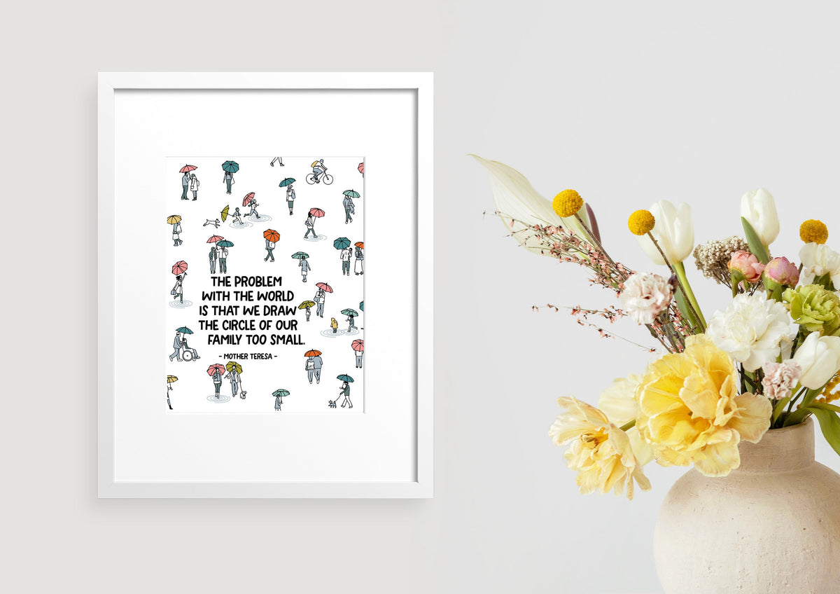Inspirational framed quote about family with colorful illustrations, next to a vase of flowers, on an 8x10 inch printable wall art.