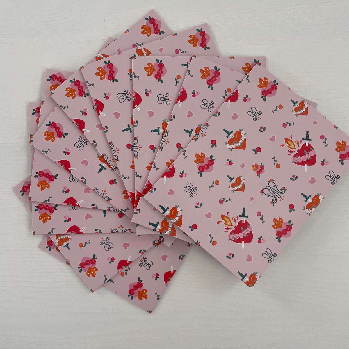 Auspice Maria Catholic note cards pack of 10 with pink floral patterns, premium paper, envelopes included.