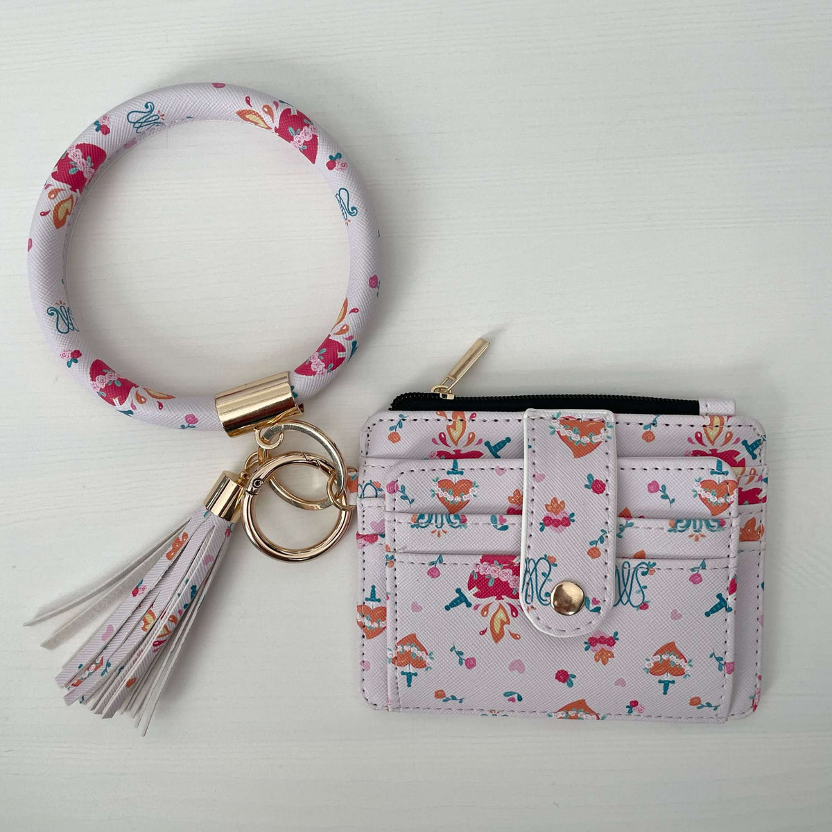 Auspice Maria patterned Catholic ID wallet with keychain, faux leather design, part of the faith-inspired collection.