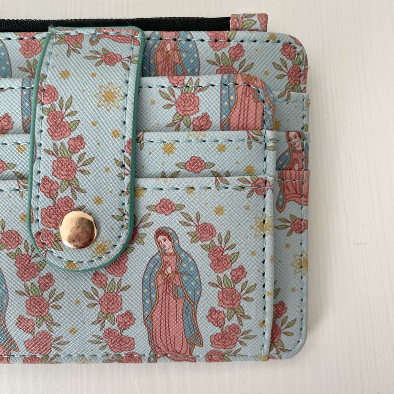 Catholic I.D. Wallet with Guadalupe pattern, durable faux leather, available for $25, part of the Guadalupe Collection.