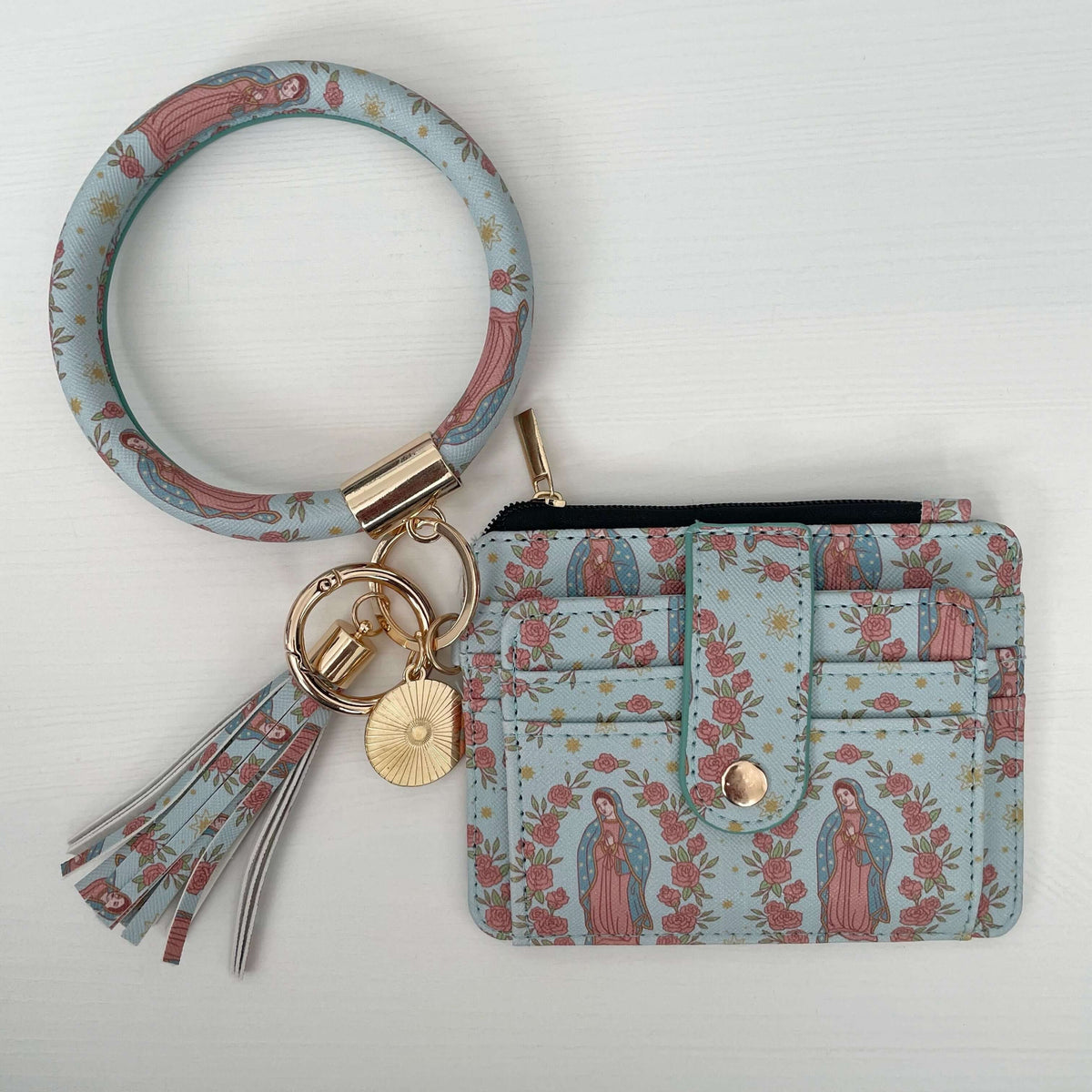 Guadalupe pattern Catholic I.D. Wallet crafted from faux leather with attached keychain and tassel, ideal for style and function.