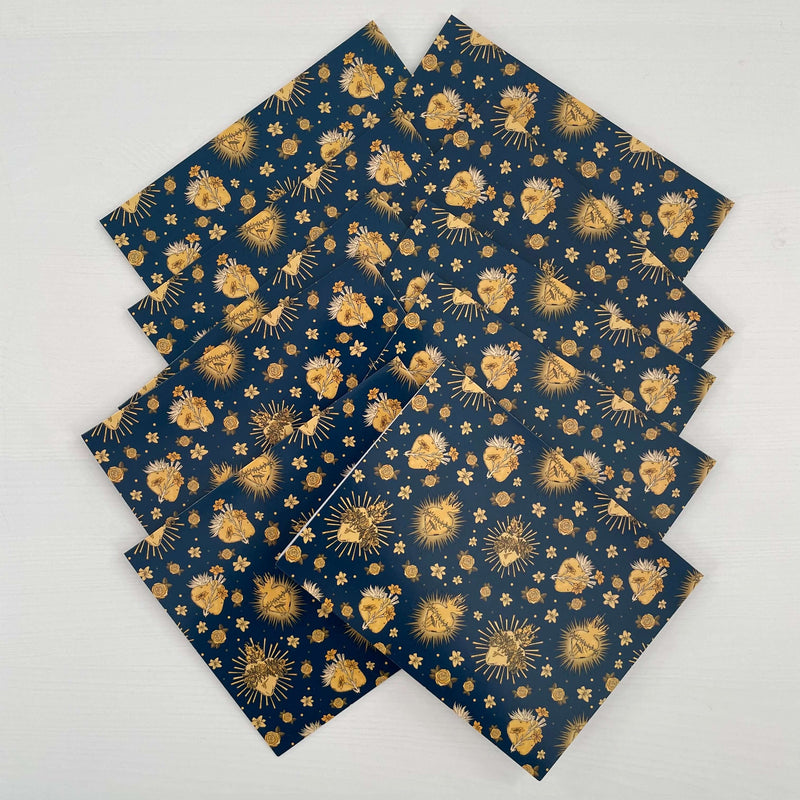 Catholic Note Cards - Holy Hearts Collection pack of 10 with gold patterns on dark background, premium 350g paper, 5.5 x 4.25 inches.