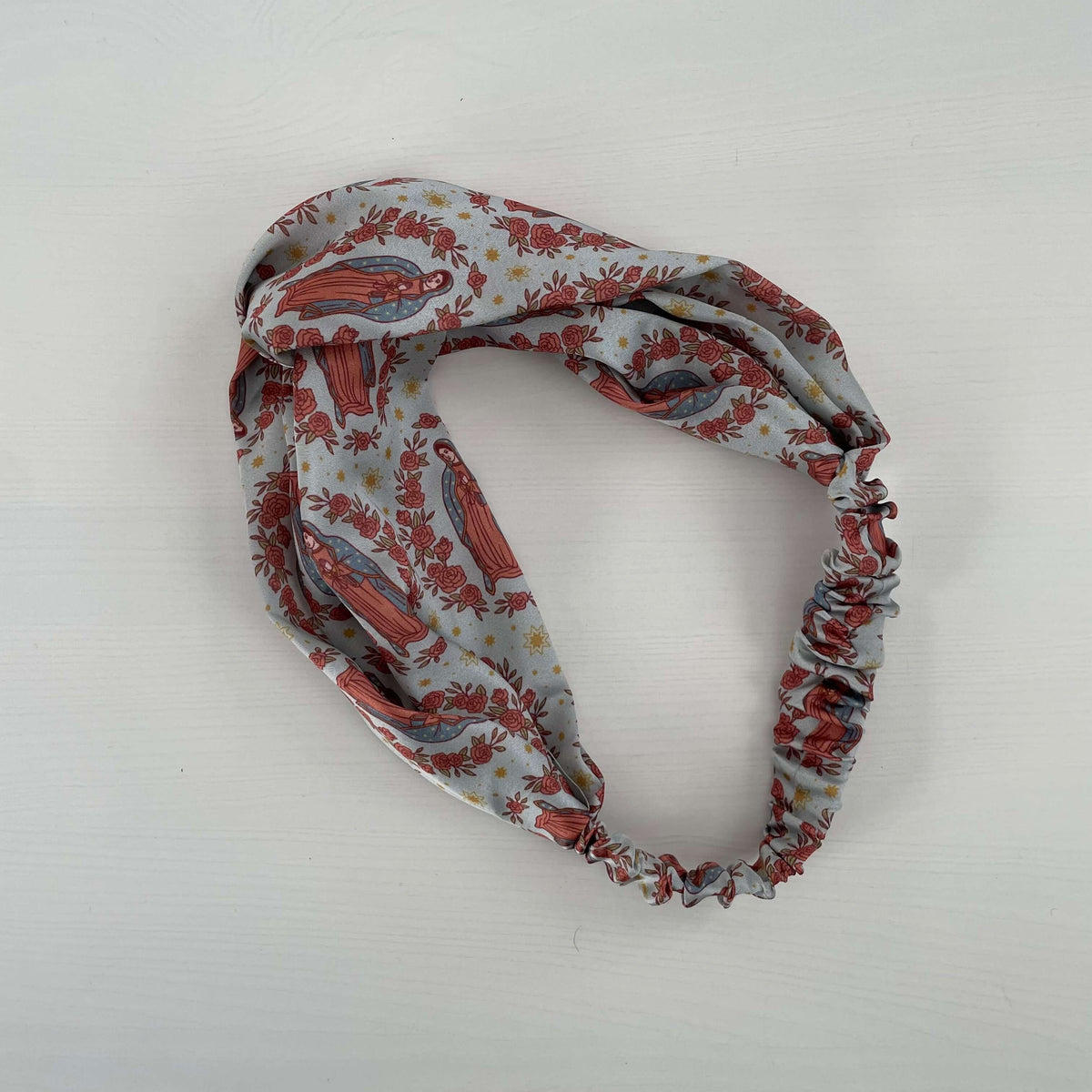 Guadalupe Collection Catholic Satin Headband with religious pattern, perfect for adding grace and style to any outfit.