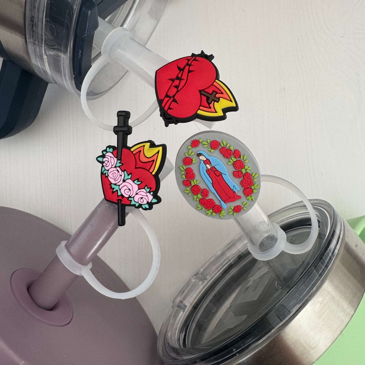 Catholic Straw Topper Set featuring Sacred Heart, Immaculate Heart, and Our Lady of Guadalupe designs, food-safe and meaningful.