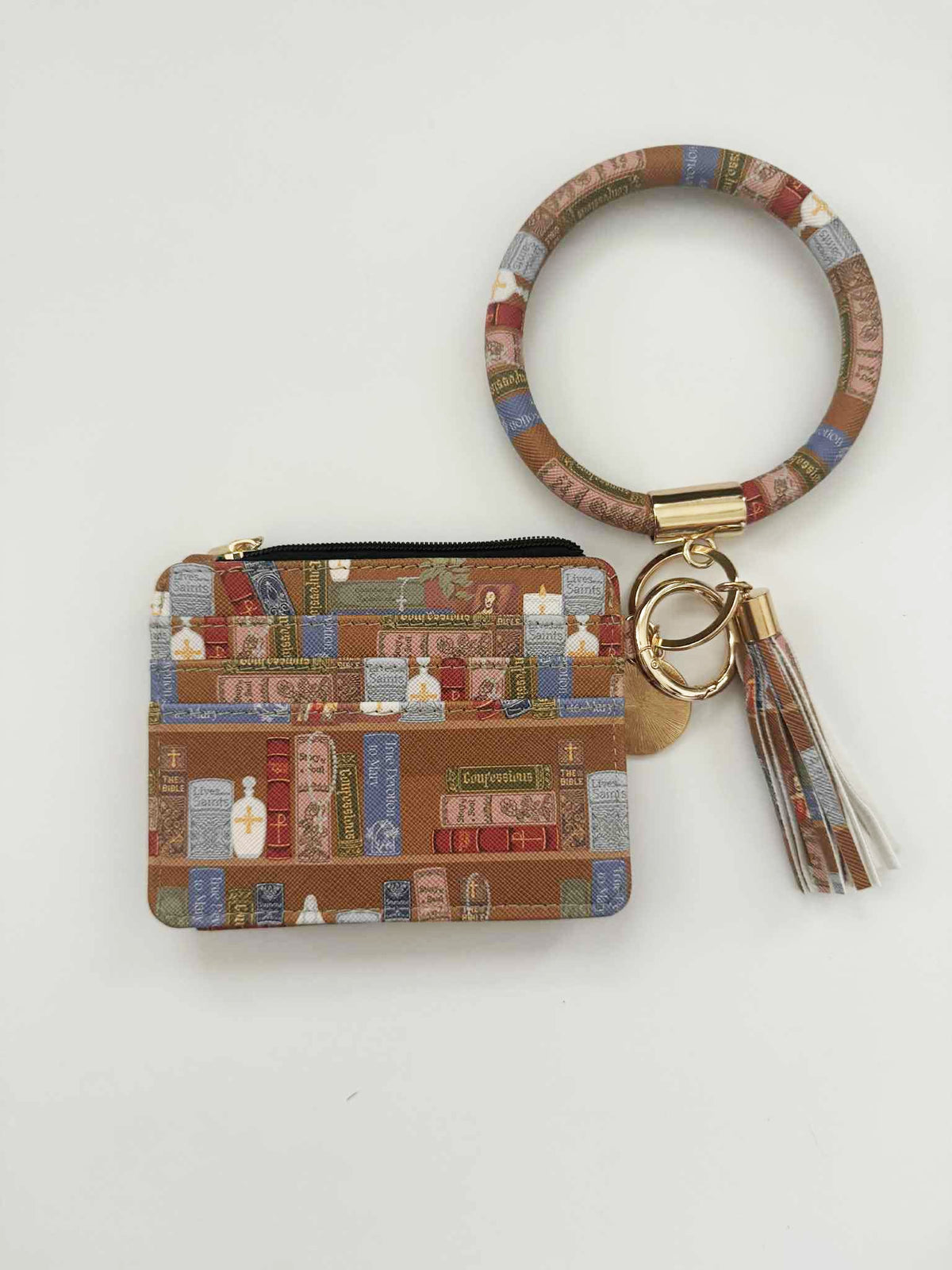 Catholic I.D. Wallet - Catholic Library Collection with faux leather, keyring, and tassel. Durable, stylish design with book pattern.