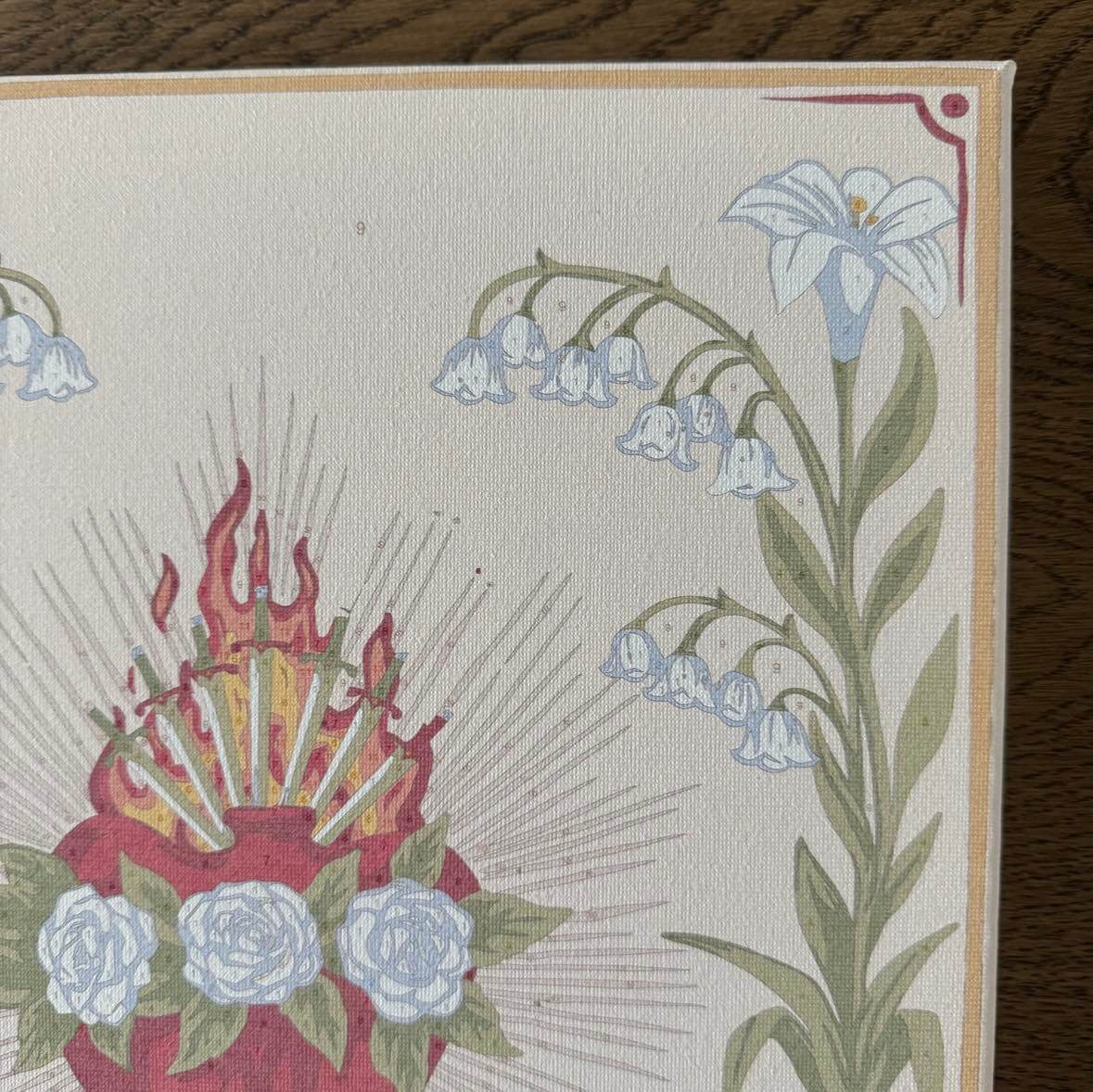 Immaculate Heart of Mary paint by number kit design with lilies and roses, inspired by vintage sacred art.