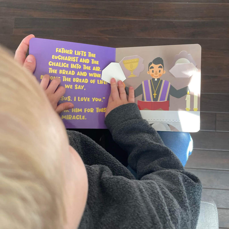Child reading 'It's Time To Go To Church' lift-the-flap book about Mass with priest illustration and Eucharist theme.