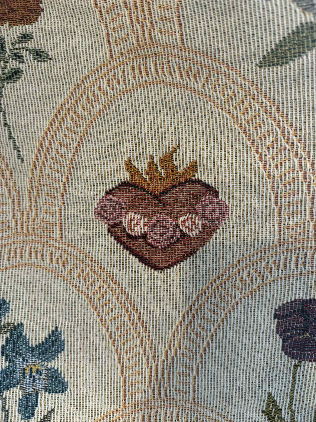 Sacred Heart design on Mary's Sacred Garden Woven Blanket with floral motifs