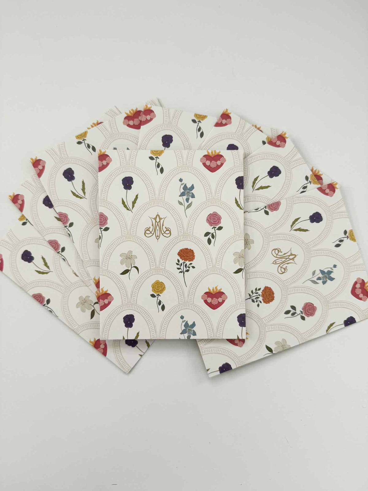 Catholic Note Cards from Mary's Sacred Garden Collection featuring floral patterns, pack of 10, premium paper, size 5.5 x 4.25 inches.