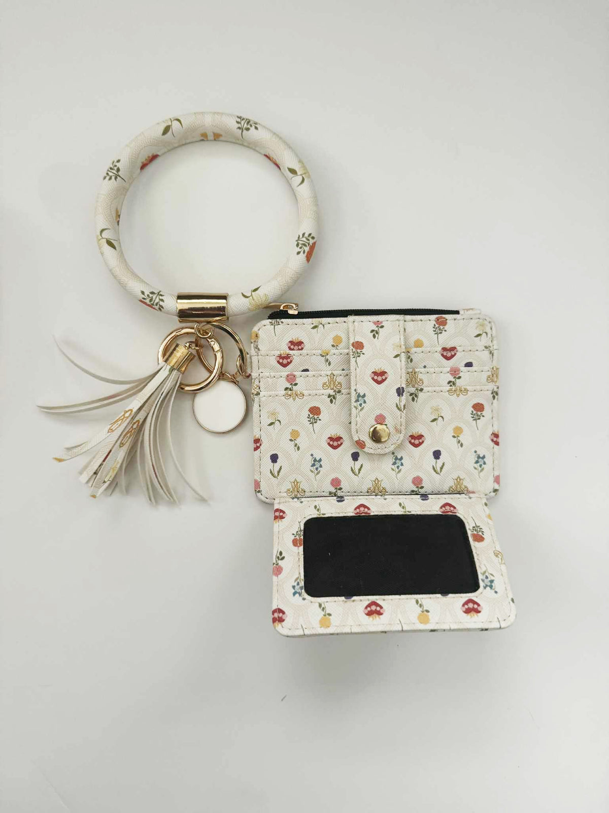 Catholic I.D. Wallet in floral print, faux leather with keyring, part of Mary's Garden Collection, faith-inspired accessory.