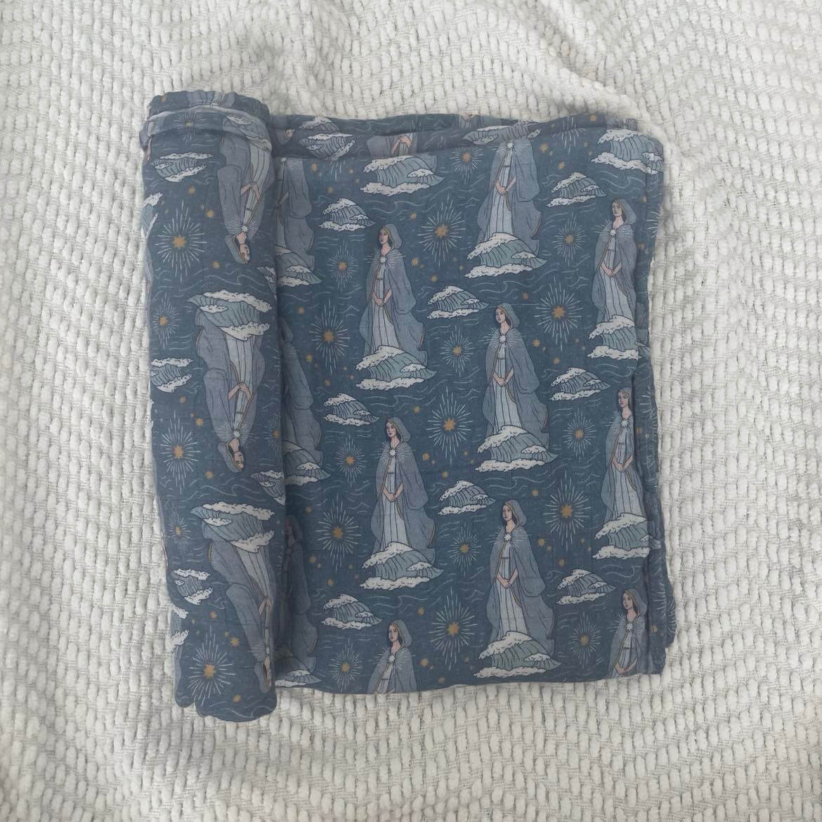 Stella Maris Swaddle Blanket with Catholic motifs, 47x47 inches, organic bamboo cotton, perfect for baby's delicate skin.