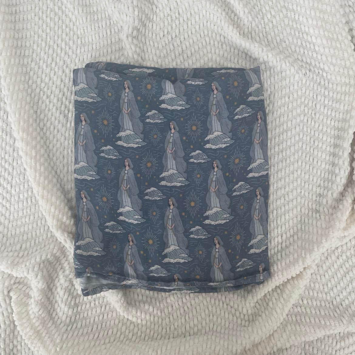 Stella Maris Catholic Swaddle Blanket with spiritual pattern, 47x47 inches, made from 100% organic bamboo cotton.
