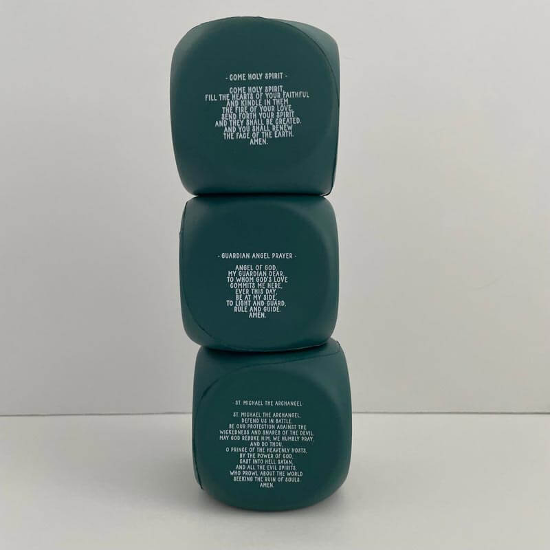 Stacked Catholic Prayer Cubes featuring printed prayers, designed for easy scripture reference and daily devotionals.