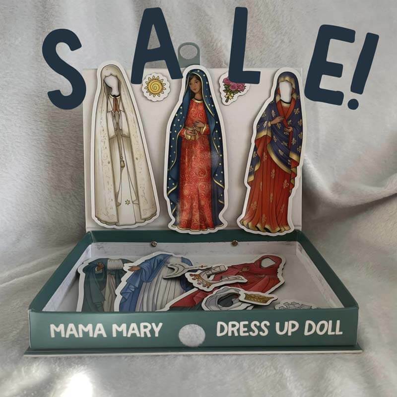 Mama Mary Magnetic Dress Up Doll set on sale with three Marian Devotion outfits displayed.