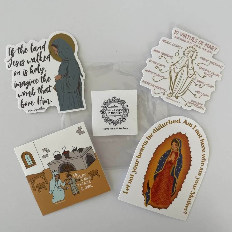 Mama Mary Sticker Pack featuring 4 inspirational religious stickers with quotes and virtues of Mary.